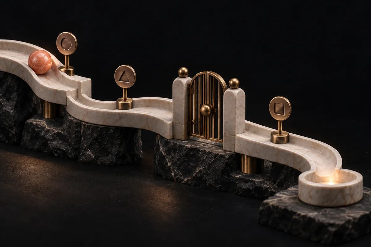 A coral marble on a sculptural track stops at a distinct gate.