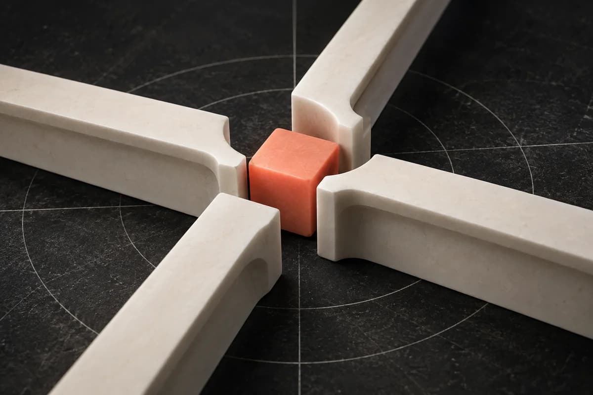 Four precise guides frame a coral block on a dark drafting surface.