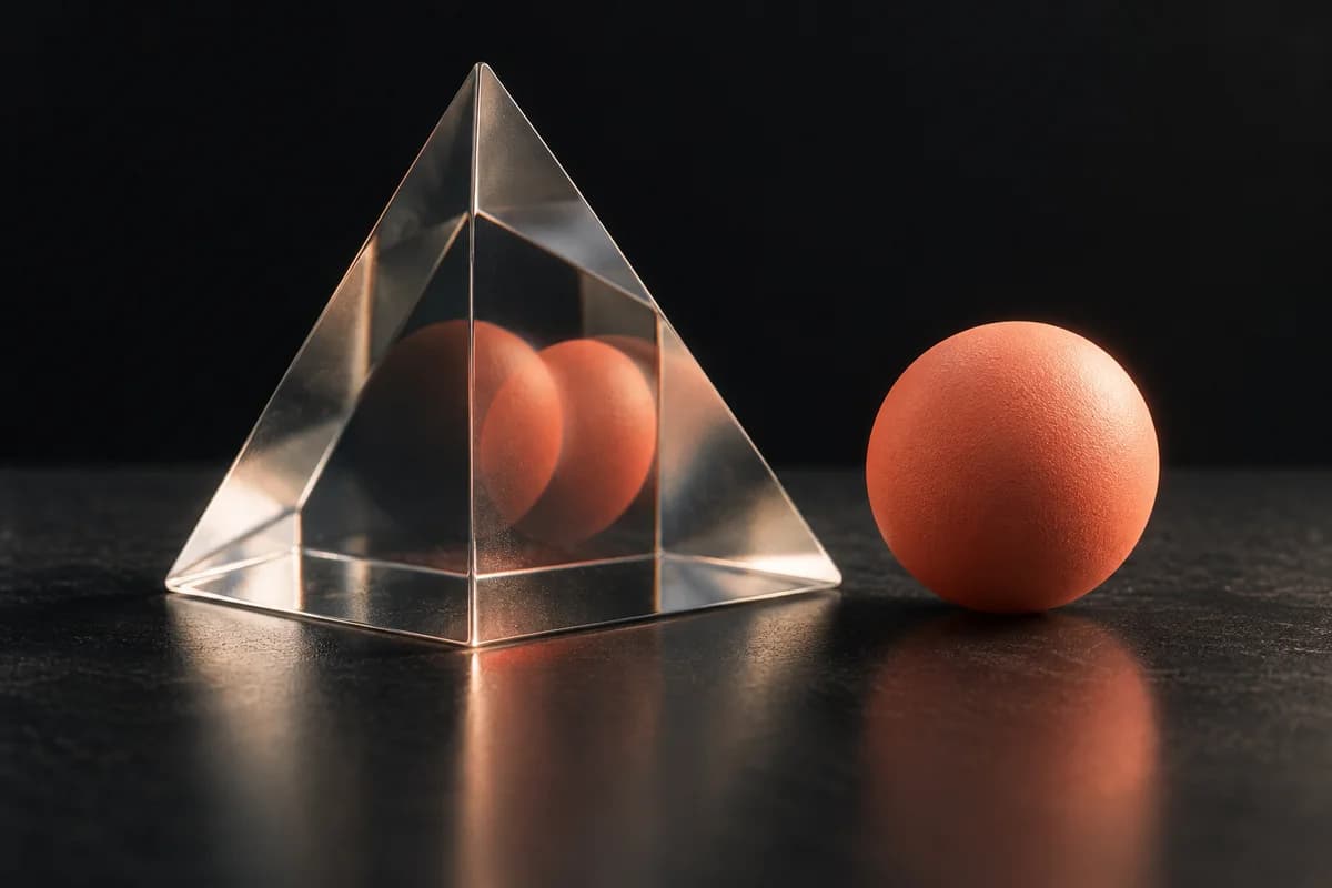 A glass prism creates multiple reflections of a single coral sphere.