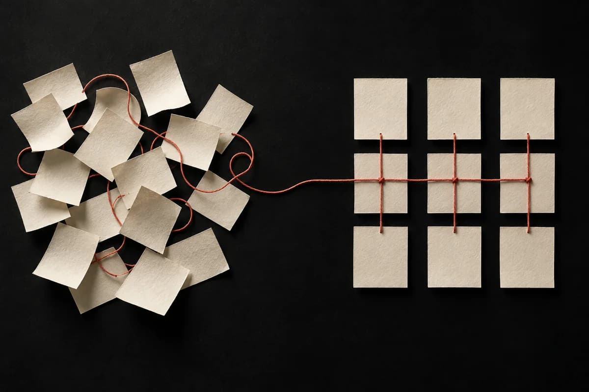Scattered paper slips organised into a connected grid.