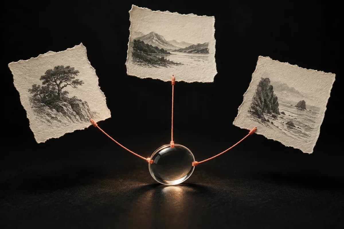Coral threads connect three paper sources to a transparent lens.