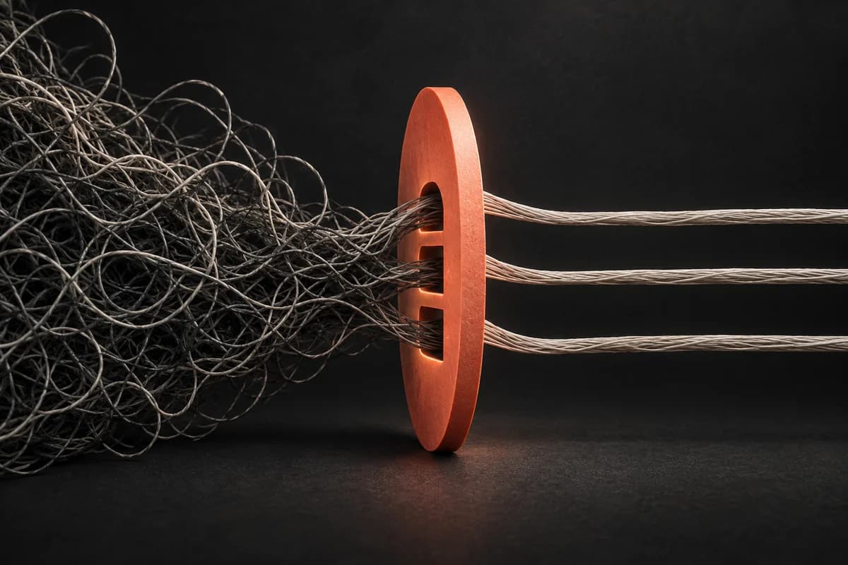 Tangled threads separated into three clear paths by a coral aperture.