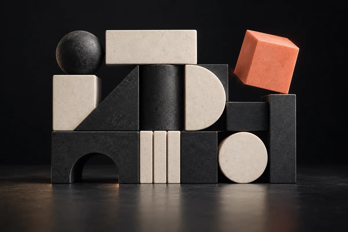 One coral block moves within a larger structure of different work-like building blocks.
