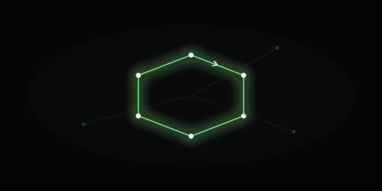 A glowing green loop of connected nodes with a few faint nodes drifting away.