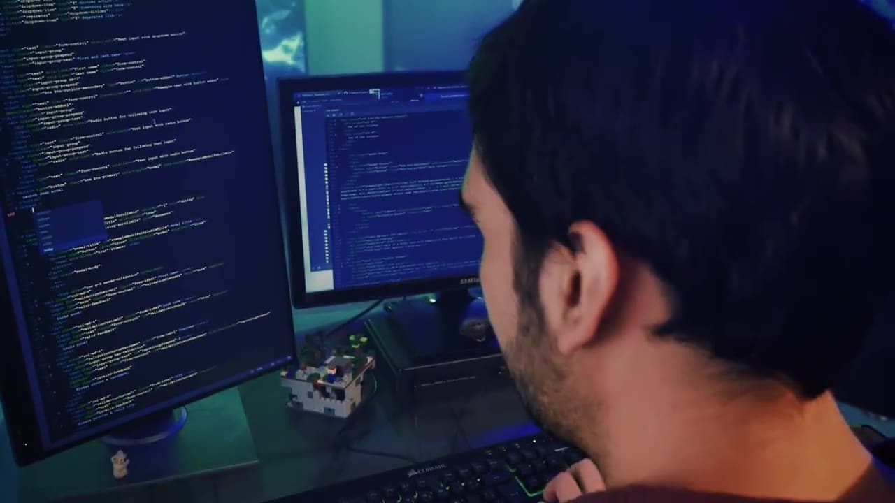Illustrative stock film of a person building software across several monitors