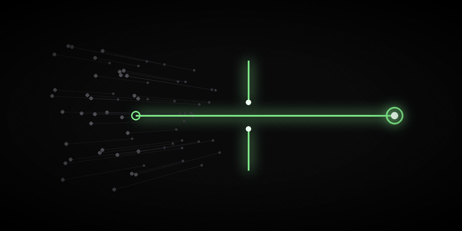 Many faint idea-dots drifting toward a narrow gate, with one bright path passing through and continuing.