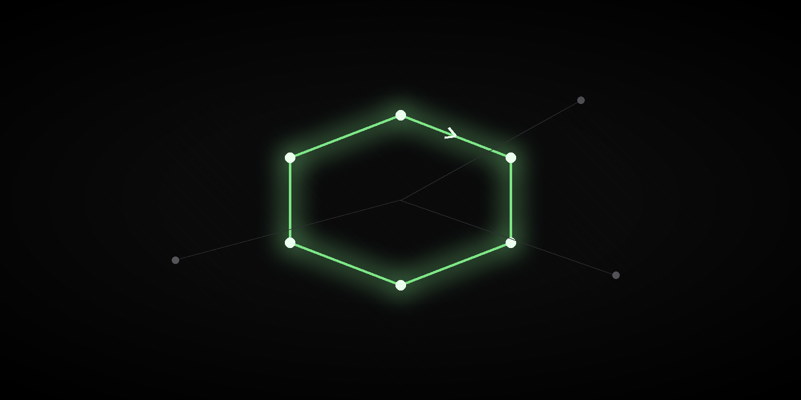 A glowing green loop of connected nodes with a few faint nodes drifting away.