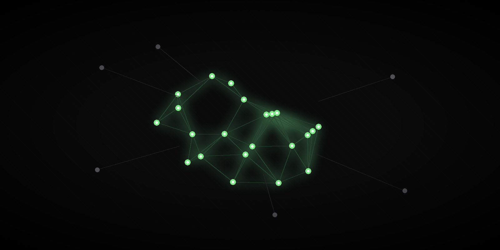 A connected green cluster of member nodes with several greyed-out nodes drifting away.